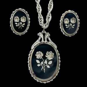 Vintage Whiting & Davis Carved Roses Pendant Necklace and Clip On Earrings Set